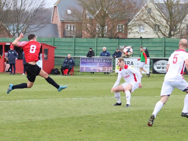 Jack Breed rifles in his first goal, and Fareham's third. Picture by Ken Walker