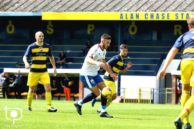 Former Pompey midfielder Brad Tarbuck in action for Gosport during their friendly with Lymington at Privett Park. Pic: Tom Phillips
