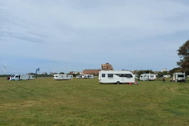 Travellers on Southsea Common near Blue Reef and the skate park on May 18, 2022