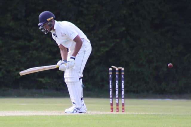 Harman Chandhoke is bowled by Portsmouth & Southsea's Maxwell Goddard. Picture by Tim Rogers