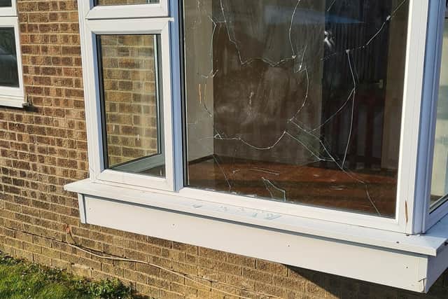 A window Trafalgar Court in Fareham that was smashed by a gang of youths. Picture by John Elsey. 