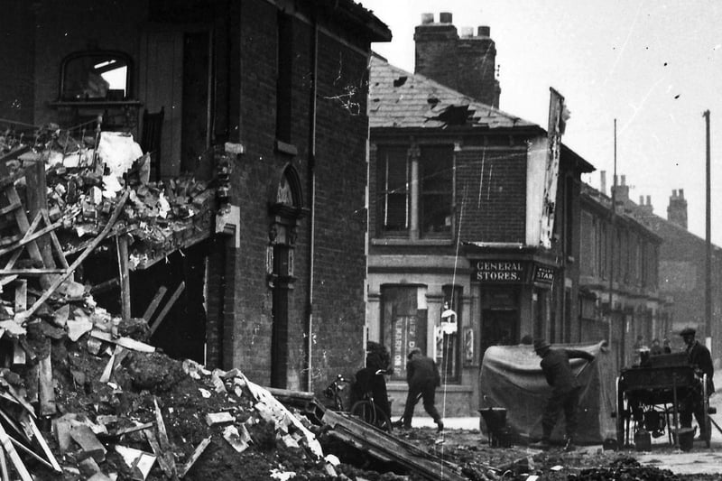 The scene in New Road East, Copnor, Portsmouth, after an air raid in October 1940