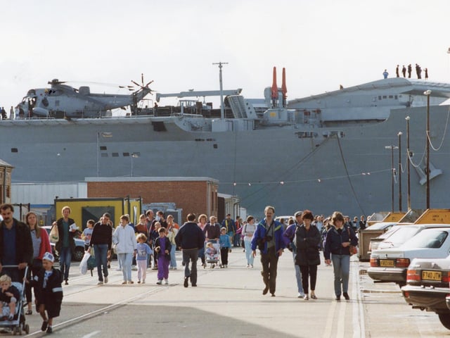 Aircraft carrier HMS Ark Royal berthed at Fountain Lake Jetty, which was open for visitors to tour at Portsmouth Navy Days in 1992.Picture: (2309-3)