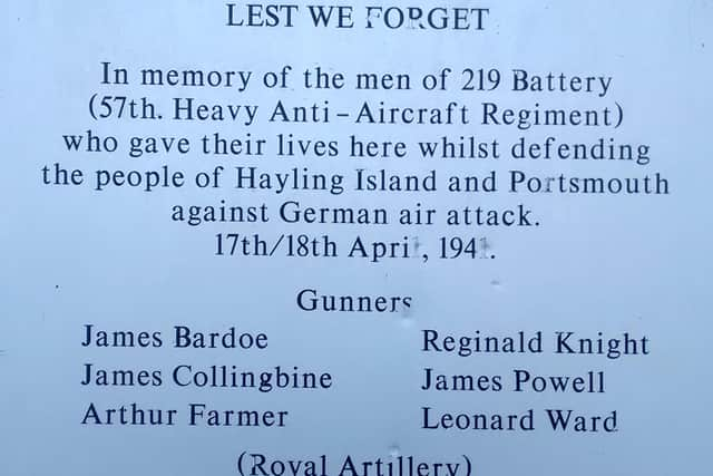 The memorial to six of the gunners who died at the Sinah Warren gun site at Hayling Island. A seventh, Jack Chandler, died of injuries two days later. Picture: Richard Coates