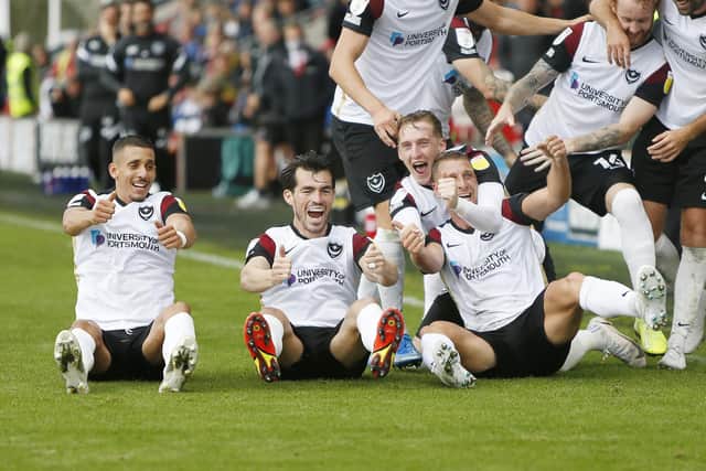 Pompey celebrate Lee Brown's goal today