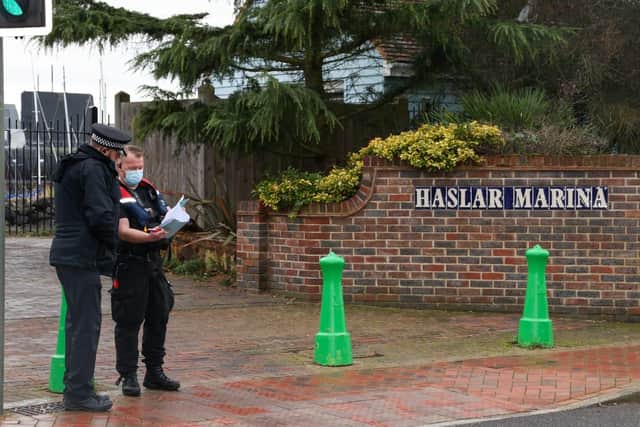 Police, paramedics and coastguard crews at Haslar Marina in Gosport on December 13, 2021. Picture: Alex Shute