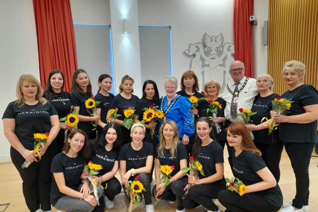 Members of the Ukrainian Choir with the Mayoress of Havant, cllr Rosy Haines and her consort