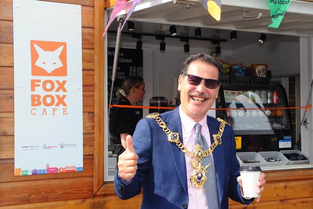 The Lord Mayor of Portsmouth Rob Wood enjoys a coffee at the Fox Box Cafe.
Picture: Sarah Standing (040920-3308)
