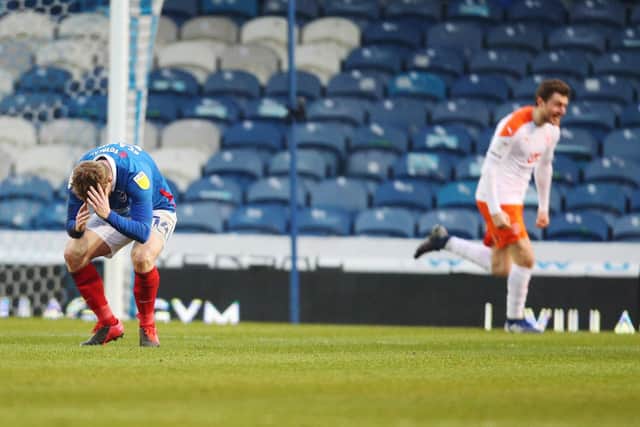 Andy Cannon is distraught after Jerry Yates grabs Blackpool's 82nd minute winner on Saturday. Picture: Joe Pepler