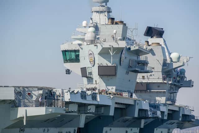 HMS Prince of Wales's towers pictured as she returned to Portsmouth in March. Picture: Habibur Rahman