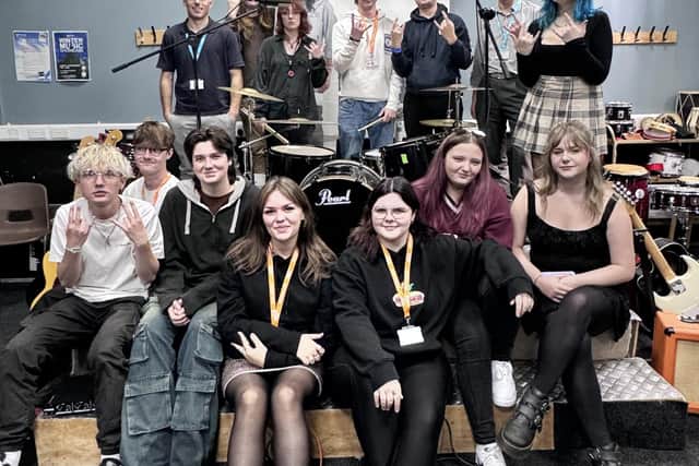 Music students from Richard Taunton Sixth Form College and St Vincent Sixth Form College with music teachers music teacher Tim Jackson and Joe Chilcott