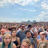 HMS Prince of Wales passing Southsea Common today during Sugababes set at Victorious Festival.