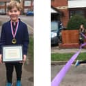 Oliver Shann, 10 from Elson, ran a marathon in January for Cancer Research UK. Pictured: Oliver with his medal and certificate and, right, crossing the finish line