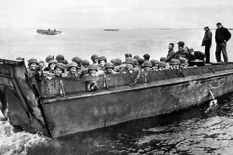American soldiers on a landing craft on their way to the Normandy beaches.