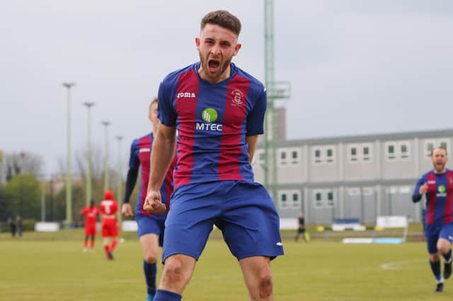 Harry Sargeant celebrates after scoring US Portsmouth's second goal in the FA Vase quarter-final win against Flackwell Heath. Picture: Stuart Martin