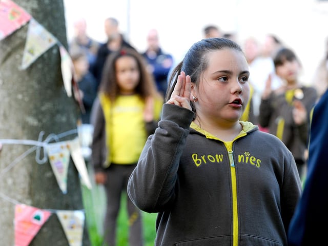 Pictured is: India Jenkins (8) taking her Brownies Promise.
Picture: Sarah Standing (150523-4830)