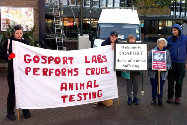 Protesters from Stop Wickham Animal Testing, protesting outside Gosport Town Hall in 2012