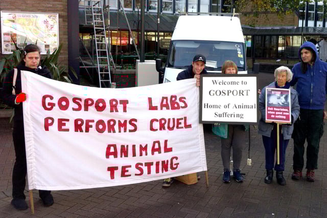 Protesters from Stop Wickham Animal Testing, protesting outside Gosport Town Hall in 2012