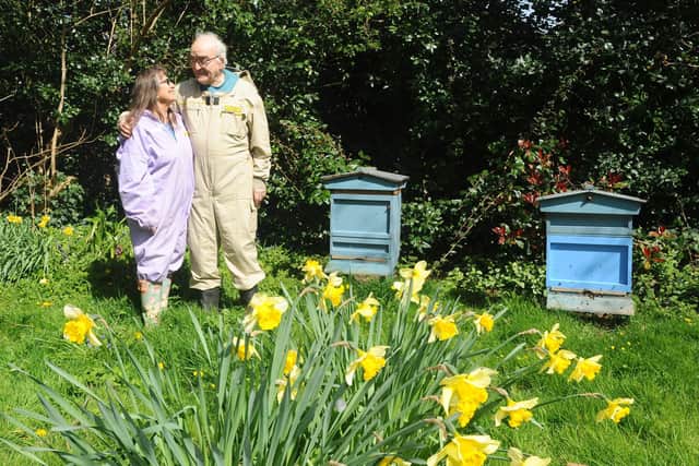 Martin Marks and his wife Margaret, from Lee-on-the-Solent, with their beehives. 

Picture: Sarah Standing (080421-6327)