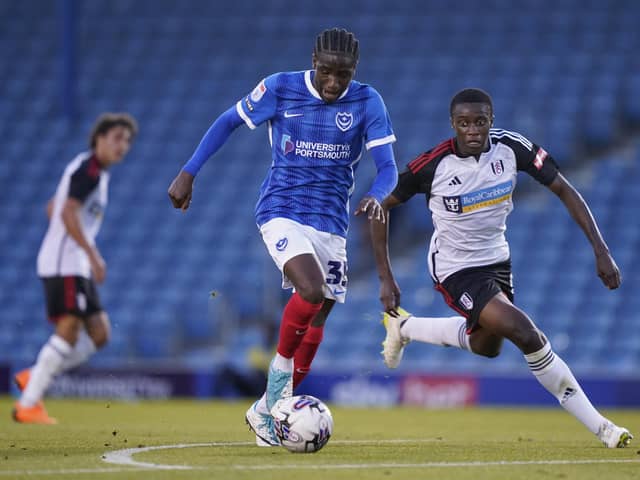Koby Mottoh was handed his full Pompey debut in the 3-3 draw with Fulham Under-21s on Tuesday night. Picture: Jason Brown/ProSportsImages