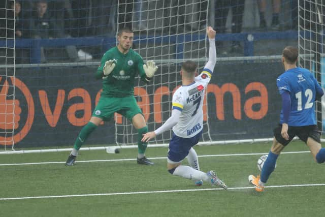 Jake McCarthy opens the scoring in Hawks' 3-2 FA Cup win against Billericay Town. Picture by Dave Haines.