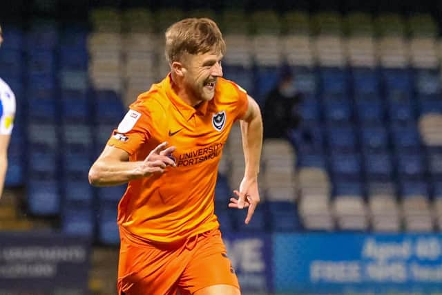 Michael Jacobs celebrates his first goal in a Pompey shirt.  Picture: Nigel Keene