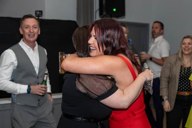 Leanne Conroy hugs her prankster friend Becky O'Nion. Picture: Mike Cooter (150423)