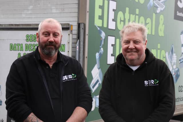 Hilsea-based Southern Electrical Recycling (SER) is launching a scheme to encourage schools to recycle old technology. Pictured L to R is David Edwards and Gary Dalton, co-owners of SER.
