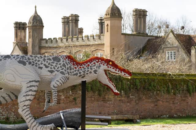 Over two million bricks have been used to create the dinosaurs. Pictured is a Spinosaurus outside Marwell Hall. Picture: Marwell Zoo.