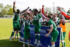 Petersfield players celebrate winning the Wessex League Division 1 play-off final. Picture by Robin Caddy