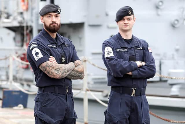Leading Diver Michael Bell, 30, of Newcastle, left, and Chichester lad Engineering Technician (Weapons Engineering) Ed Graeme, 27, on his first deployment. Photo: Royal Navy