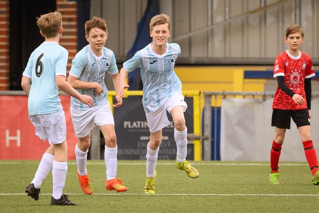 Action from the Portsmouth Youth League Geldard Invitation Cup final between Jubilee 77 U13s and Castle United U13s (light blue and white kit). Picture: Keith Woodland (190321-398)