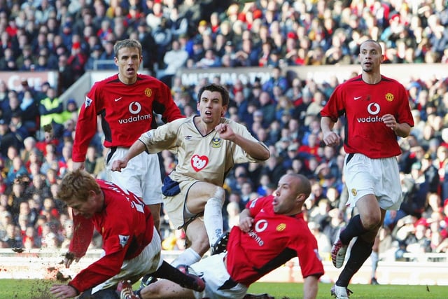 Svetoslav Todorov gets the ball past the United defence during an FA Cup Third Round match at Old Trafford in January 2003. Pompey lost 4-1. Picture: Laurence Griffiths/Getty Images