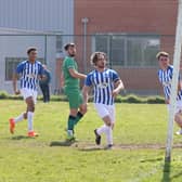 Coach & Horses Albion equalise during their 2-1 win over Cowplain (all green kit) in their London Cup semi-final at Sevenoaks Road. Picture by Kevin Shipp