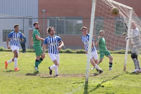 Coach & Horses Albion equalise during their 2-1 win over Cowplain (all green kit) in their London Cup semi-final at Sevenoaks Road. Picture by Kevin Shipp