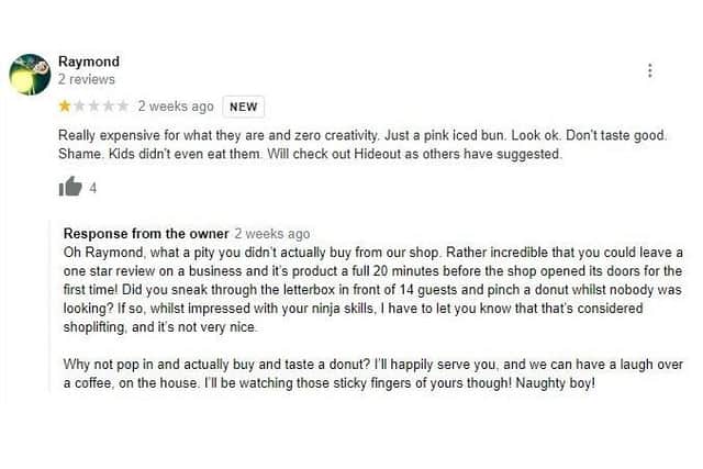 One of the responses to a Google review of Sticky Boy Donuts in Southsea