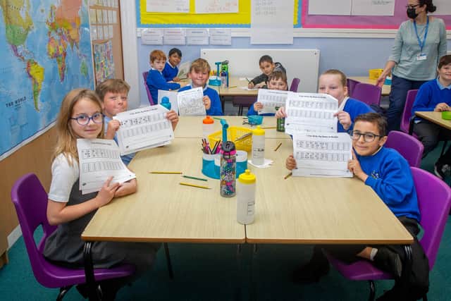 Sensory awareness day on 1st October 2021 at Kings academies Northern Parade school,  Portsmouth

Pictured: Year 4 writing their names in Braille

Picture: Habibur Rahman