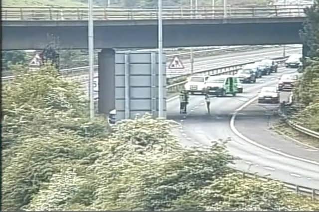 M27 traffic being held after a crash at Junction 12 eastbound on April 18 2020. Picture: Highways England