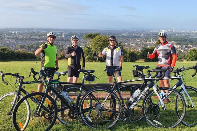 Keith Clark, Spencer Drain, Steve Vaughan and Mark Powell take a break on a training ride.