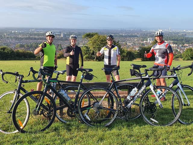 Keith Clark, Spencer Drain, Steve Vaughan and Mark Powell take a break on a training ride.