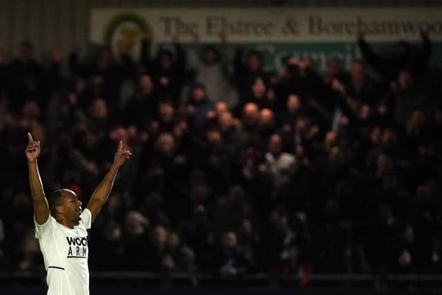 Boreham Wood's Adrian Clifton celebrates after the final whistle following his side's 2-0 FA Cup win against AFC Wimbledon. Pic : Jonathan Brady/PA Wire.