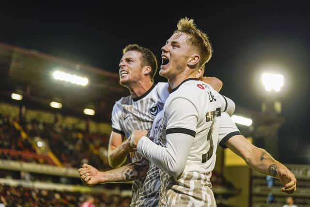 Conor Shaughnessy, Connor Ogilvie and Paddy Lane celebrate at Barnsley. Picture: Jason Brown.