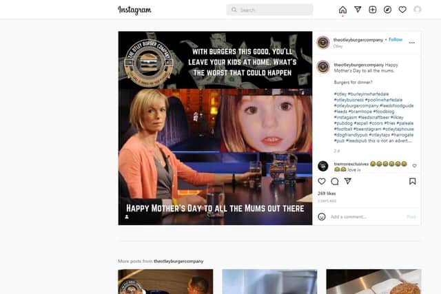 Handout image issued by the Advertising Standards Authority (ASA) of an Instagram post from The Otley Burger Company which ran over Mother's Day making light of missing Madeleine McCann, has been banned for causing offence. Picture: ASA/PA Wire