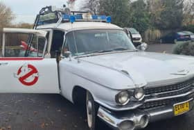 A replica of Ecto-1, the Ghostbusters' car in the franchise.