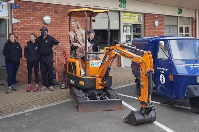 MP Caroline Dinenage with owner Andy Bottriell and staff at Gosport Plant and Tool Hire.