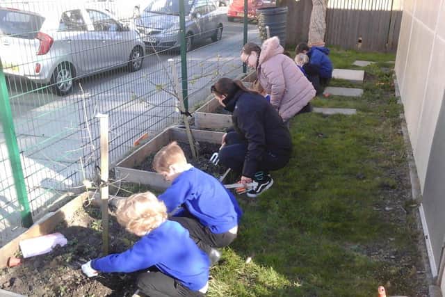 Key Worker children at Westover Primary School make use of their new gardening equipment donated by Tesco's.