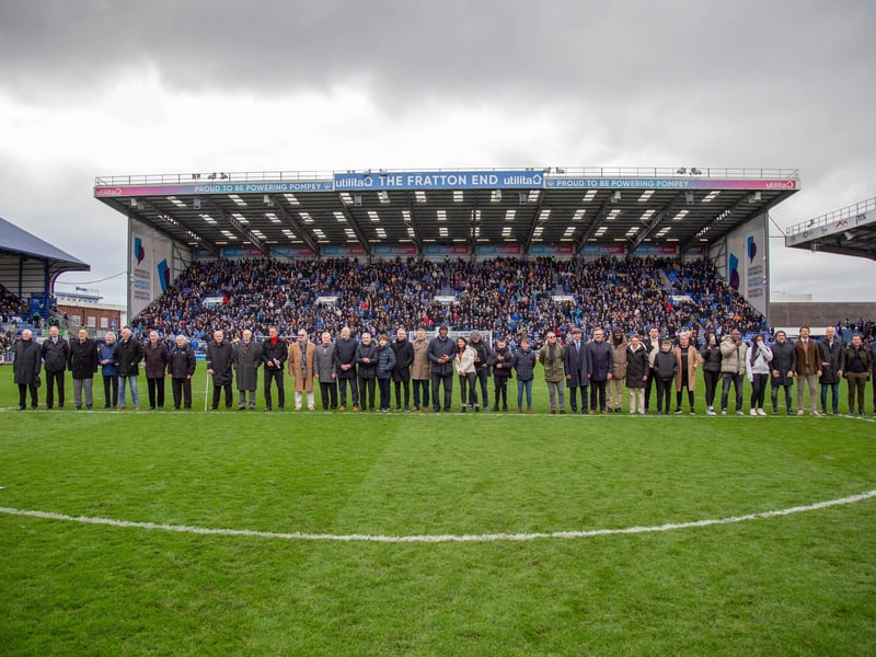 The photo of the day. All the legends come together on the pitch at half-time in front of the Fratton End.