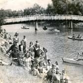 Eileen Mackley in the back of the canoe on the moat at Hilsea Lido
