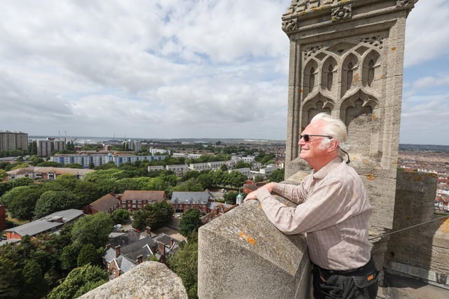 Chris Prowse takes in the views of the city from the church tower at the Climb the Steps at St Mary's Church. 
Picture: Stuart Martin (220421-7042)