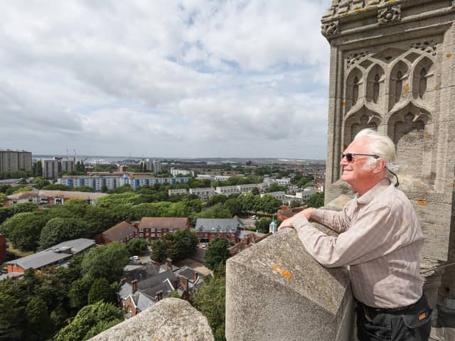 Chris Prowse takes in the views of the city from the church tower at the Climb the Steps at St Mary's Church. 
Picture: Stuart Martin (220421-7042)
